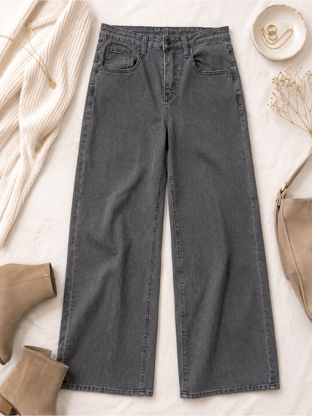HDLTE Gray High Rise Wide Leg Jeans